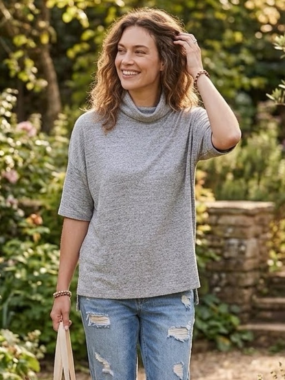 GAP Softspun Short Sleeve Cowl Neck Top Light Heather Grey - Size S